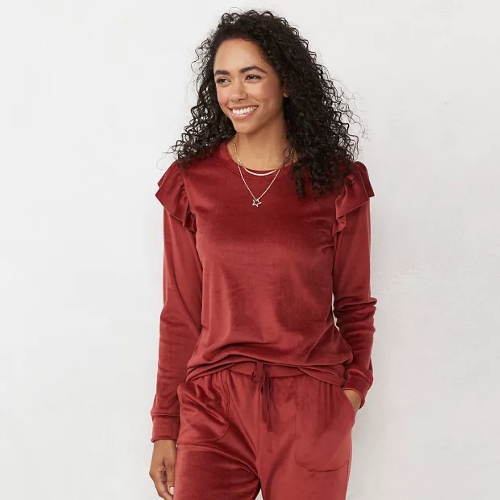 New Velour construction Ruffled shoulder Cuffed sleeves